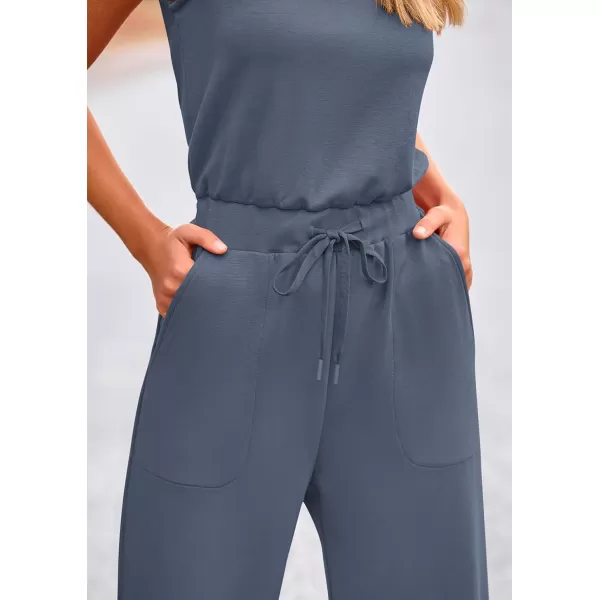 imagePRETTYGARDEN Womens Jumpsuits Summer Casual One Piece Outfits Sleeveless Wide Leg Long Pants RompersGrey Blue