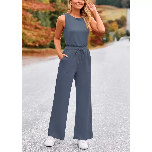 imagePRETTYGARDEN Womens Jumpsuits Summer Casual One Piece Outfits Sleeveless Wide Leg Long Pants RompersGrey Blue