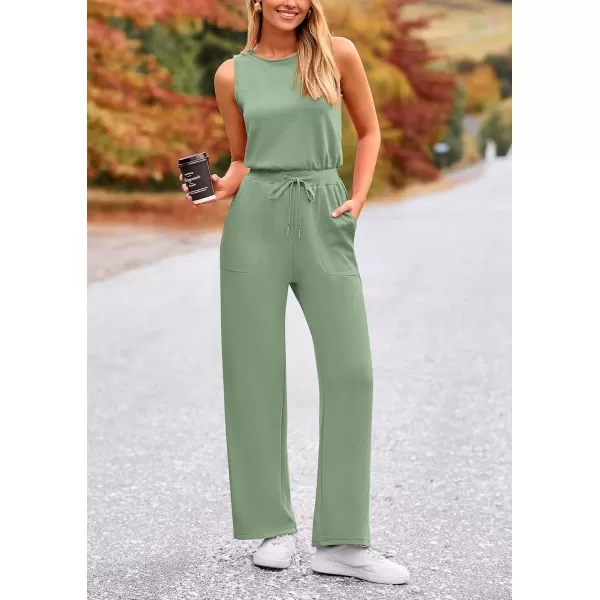 imagePRETTYGARDEN Womens Jumpsuits Summer Casual One Piece Outfits Sleeveless Wide Leg Long Pants RompersGrey Green