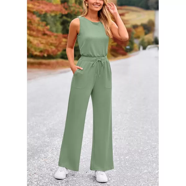 imagePRETTYGARDEN Womens Jumpsuits Summer Casual One Piece Outfits Sleeveless Wide Leg Long Pants RompersGrey Green