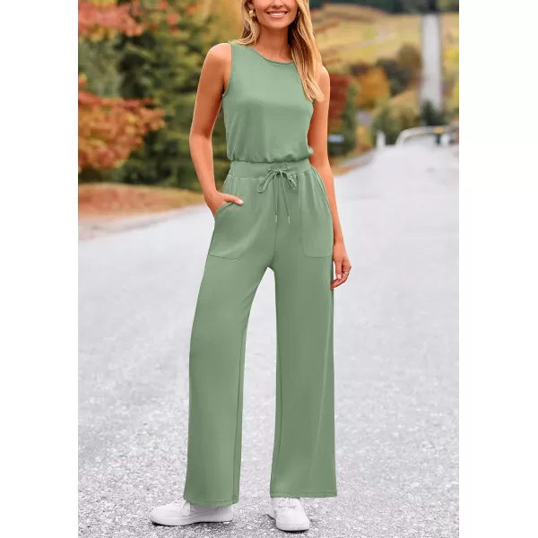 imagePRETTYGARDEN Womens Jumpsuits Summer Casual One Piece Outfits Sleeveless Wide Leg Long Pants RompersGrey Green