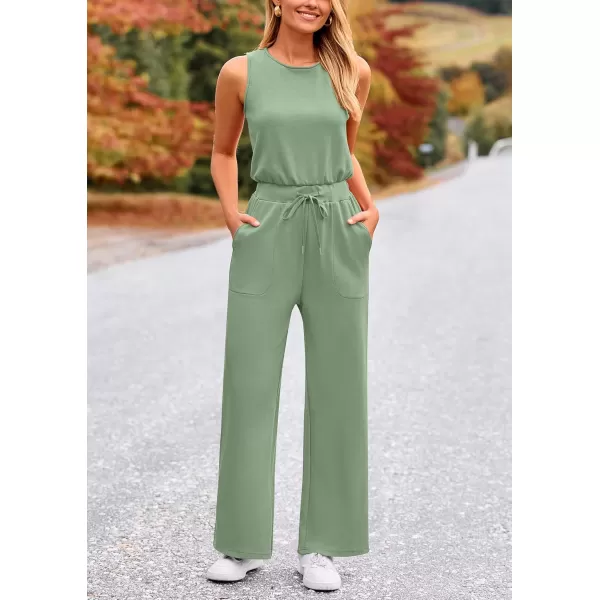 imagePRETTYGARDEN Womens Jumpsuits Summer Casual One Piece Outfits Sleeveless Wide Leg Long Pants RompersGrey Green