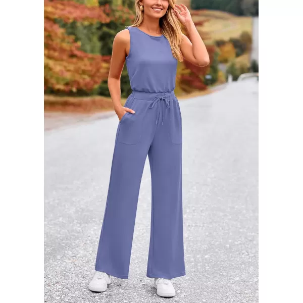 imagePRETTYGARDEN Womens Jumpsuits Summer Casual One Piece Outfits Sleeveless Wide Leg Long Pants RompersHaze Blue