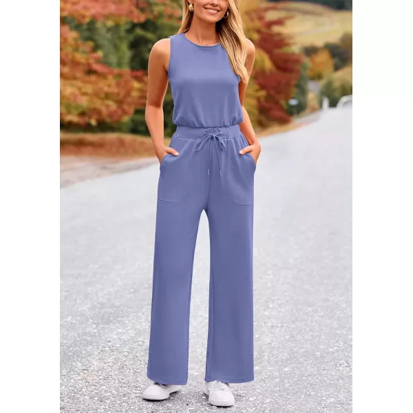 imagePRETTYGARDEN Womens Jumpsuits Summer Casual One Piece Outfits Sleeveless Wide Leg Long Pants RompersHaze Blue