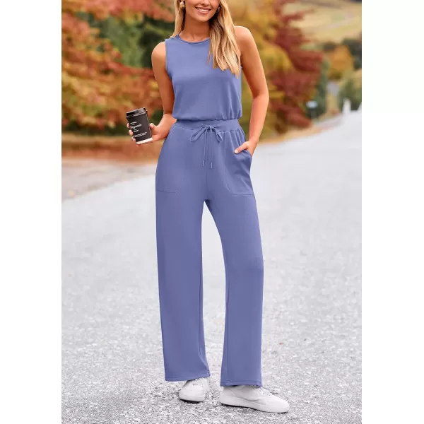 imagePRETTYGARDEN Womens Jumpsuits Summer Casual One Piece Outfits Sleeveless Wide Leg Long Pants RompersHaze Blue