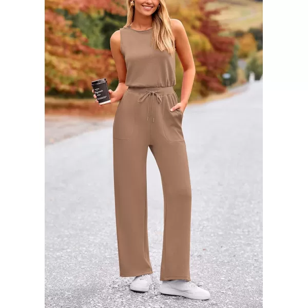 imagePRETTYGARDEN Womens Jumpsuits Summer Casual One Piece Outfits Sleeveless Wide Leg Long Pants RompersKhaki