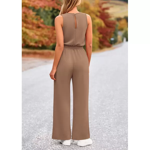 imagePRETTYGARDEN Womens Jumpsuits Summer Casual One Piece Outfits Sleeveless Wide Leg Long Pants RompersKhaki