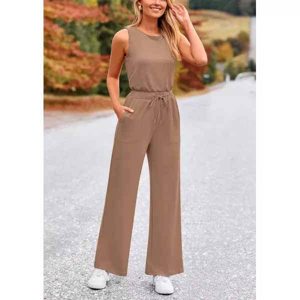 imagePRETTYGARDEN Womens Jumpsuits Summer Casual One Piece Outfits Sleeveless Wide Leg Long Pants RompersKhaki
