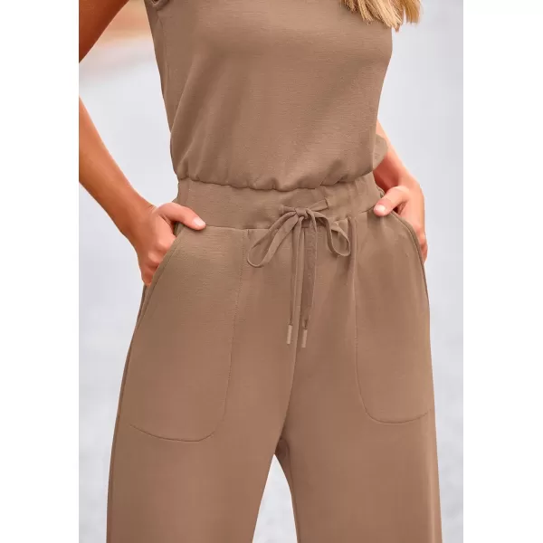 imagePRETTYGARDEN Womens Jumpsuits Summer Casual One Piece Outfits Sleeveless Wide Leg Long Pants RompersKhaki