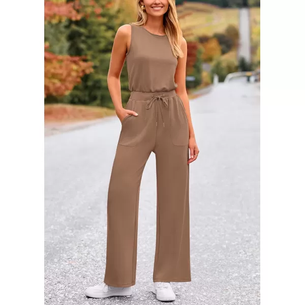 imagePRETTYGARDEN Womens Jumpsuits Summer Casual One Piece Outfits Sleeveless Wide Leg Long Pants RompersKhaki