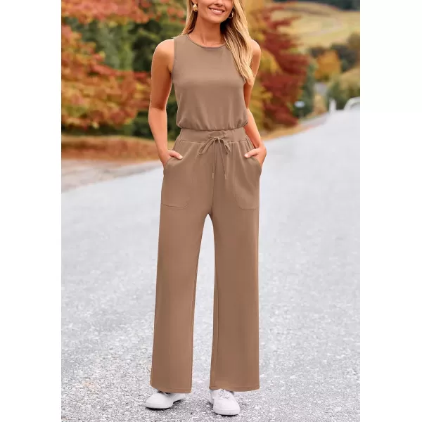 imagePRETTYGARDEN Womens Jumpsuits Summer Casual One Piece Outfits Sleeveless Wide Leg Long Pants RompersKhaki