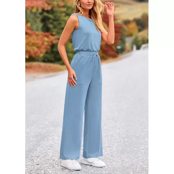 imagePRETTYGARDEN Womens Jumpsuits Summer Casual One Piece Outfits Sleeveless Wide Leg Long Pants RompersLight Blue
