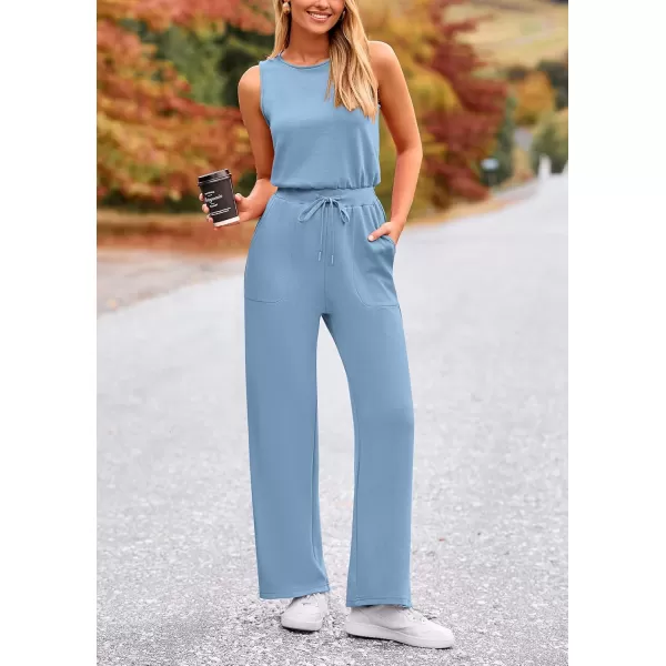 imagePRETTYGARDEN Womens Jumpsuits Summer Casual One Piece Outfits Sleeveless Wide Leg Long Pants RompersLight Blue