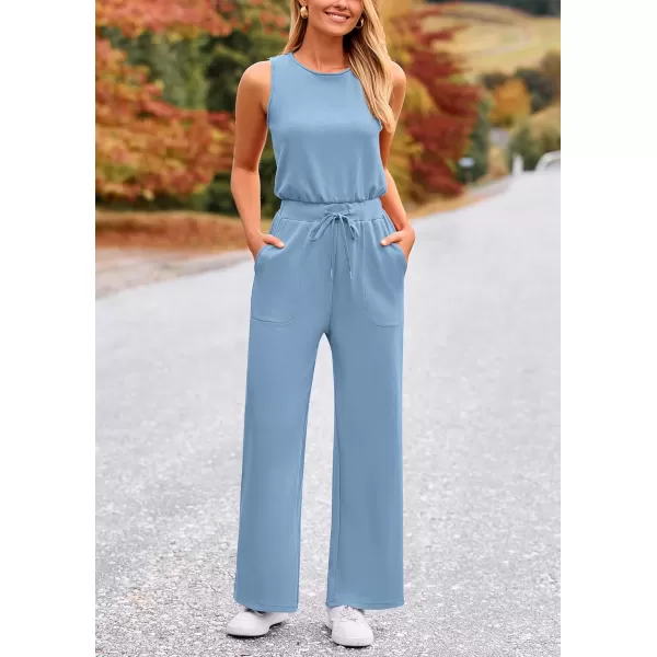 imagePRETTYGARDEN Womens Jumpsuits Summer Casual One Piece Outfits Sleeveless Wide Leg Long Pants RompersLight Blue
