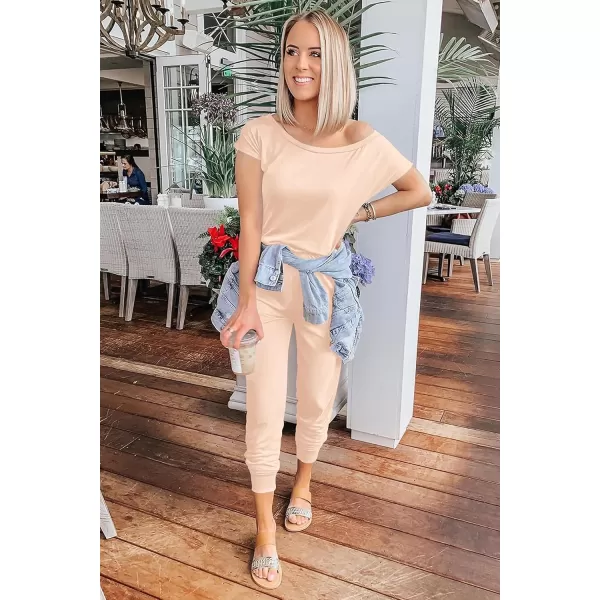 imagePRETTYGARDEN Womens Loose Solid Off Shoulder Elastic Waist Stretchy Long Romper JumpsuitBeige