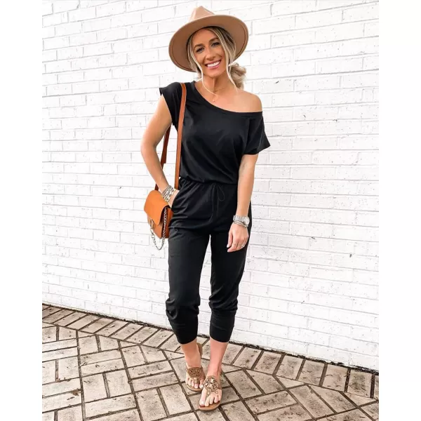 imagePRETTYGARDEN Womens Loose Solid Off Shoulder Elastic Waist Stretchy Long Romper JumpsuitBlack
