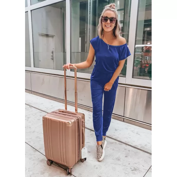 imagePRETTYGARDEN Womens Loose Solid Off Shoulder Elastic Waist Stretchy Long Romper JumpsuitBlue