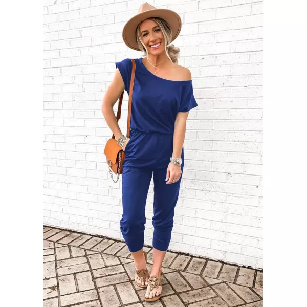 imagePRETTYGARDEN Womens Loose Solid Off Shoulder Elastic Waist Stretchy Long Romper JumpsuitBlue