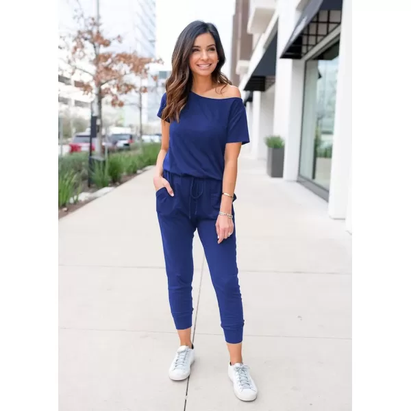 imagePRETTYGARDEN Womens Loose Solid Off Shoulder Elastic Waist Stretchy Long Romper JumpsuitBlue