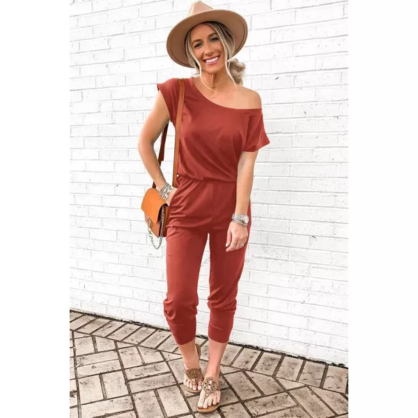 imagePRETTYGARDEN Womens Loose Solid Off Shoulder Elastic Waist Stretchy Long Romper JumpsuitBrick Red