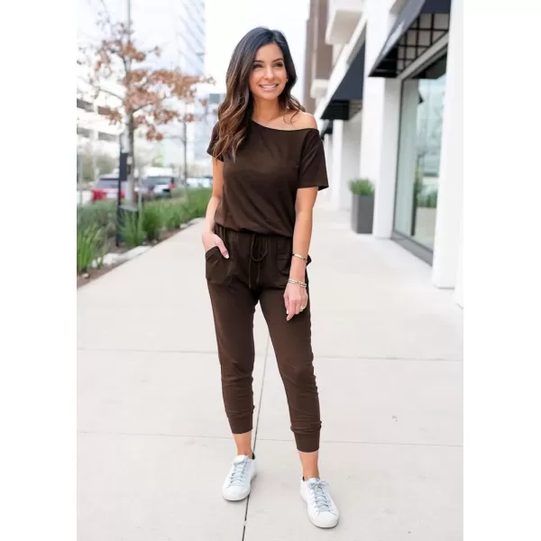 imagePRETTYGARDEN Womens Loose Solid Off Shoulder Elastic Waist Stretchy Long Romper JumpsuitBrown