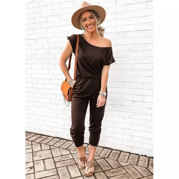 imagePRETTYGARDEN Womens Loose Solid Off Shoulder Elastic Waist Stretchy Long Romper JumpsuitBrown