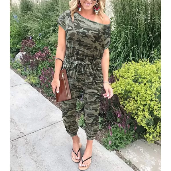 imagePRETTYGARDEN Womens Loose Solid Off Shoulder Elastic Waist Stretchy Long Romper JumpsuitCamouflage