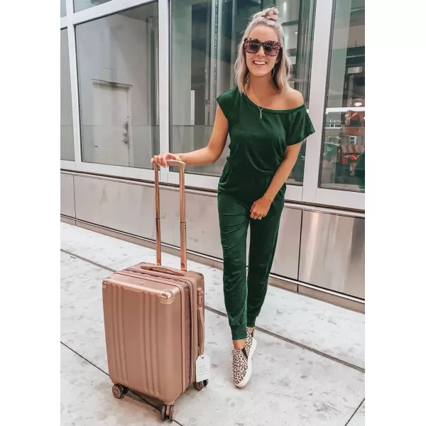 imagePRETTYGARDEN Womens Loose Solid Off Shoulder Elastic Waist Stretchy Long Romper JumpsuitDark Green