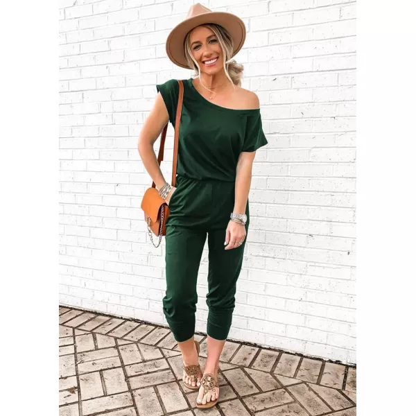 imagePRETTYGARDEN Womens Loose Solid Off Shoulder Elastic Waist Stretchy Long Romper JumpsuitDark Green