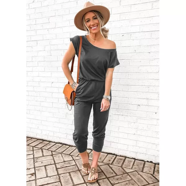 imagePRETTYGARDEN Womens Loose Solid Off Shoulder Elastic Waist Stretchy Long Romper JumpsuitDark Grey