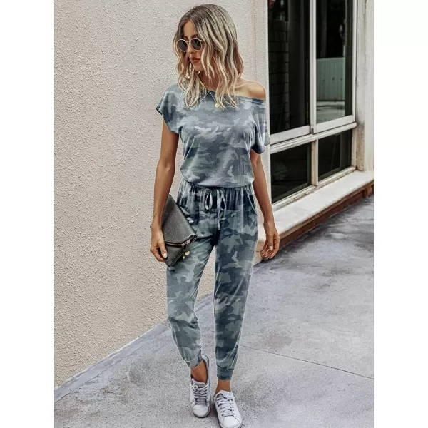 imagePRETTYGARDEN Womens Loose Solid Off Shoulder Elastic Waist Stretchy Long Romper JumpsuitGreen Camo