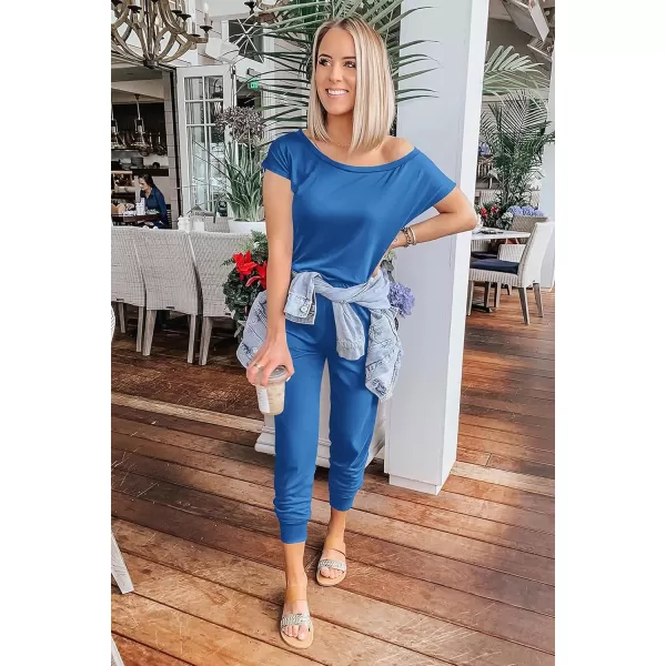 imagePRETTYGARDEN Womens Loose Solid Off Shoulder Elastic Waist Stretchy Long Romper JumpsuitGrey Blue