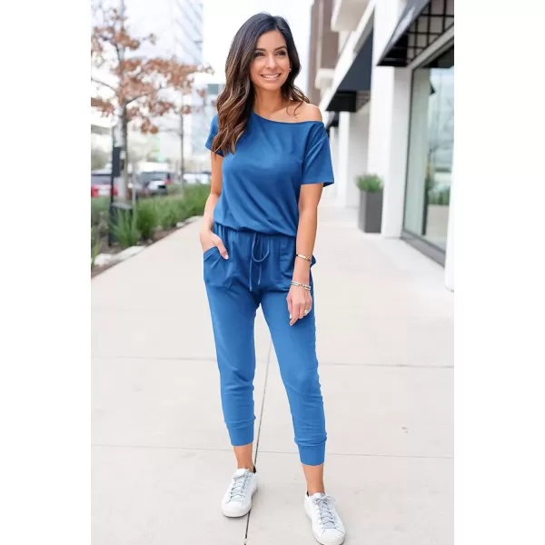 imagePRETTYGARDEN Womens Loose Solid Off Shoulder Elastic Waist Stretchy Long Romper JumpsuitGrey Blue
