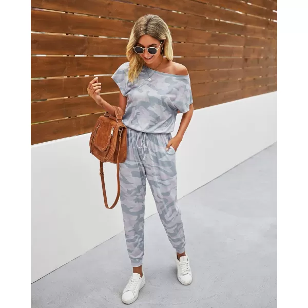 imagePRETTYGARDEN Womens Loose Solid Off Shoulder Elastic Waist Stretchy Long Romper JumpsuitGrey Camouflage