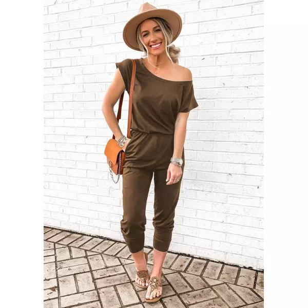 imagePRETTYGARDEN Womens Loose Solid Off Shoulder Elastic Waist Stretchy Long Romper JumpsuitKhaki