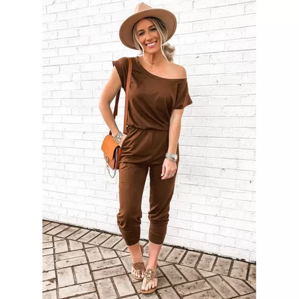 imagePRETTYGARDEN Womens Loose Solid Off Shoulder Elastic Waist Stretchy Long Romper JumpsuitLight Brown