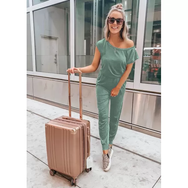 imagePRETTYGARDEN Womens Loose Solid Off Shoulder Elastic Waist Stretchy Long Romper JumpsuitLight Green