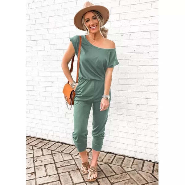 imagePRETTYGARDEN Womens Loose Solid Off Shoulder Elastic Waist Stretchy Long Romper JumpsuitLight Green