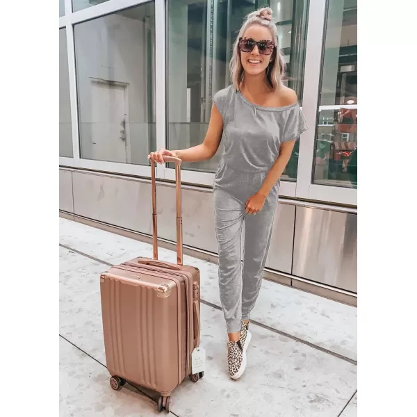 imagePRETTYGARDEN Womens Loose Solid Off Shoulder Elastic Waist Stretchy Long Romper JumpsuitLight Grey
