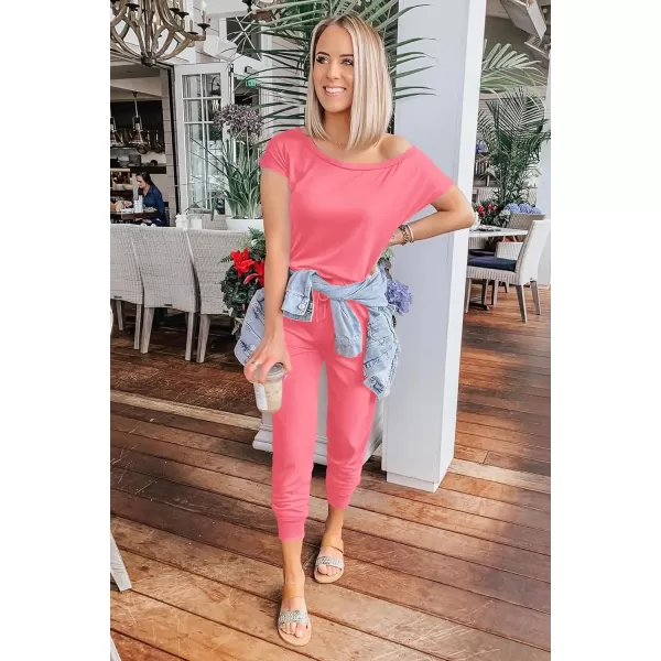 imagePRETTYGARDEN Womens Loose Solid Off Shoulder Elastic Waist Stretchy Long Romper JumpsuitLight Pink