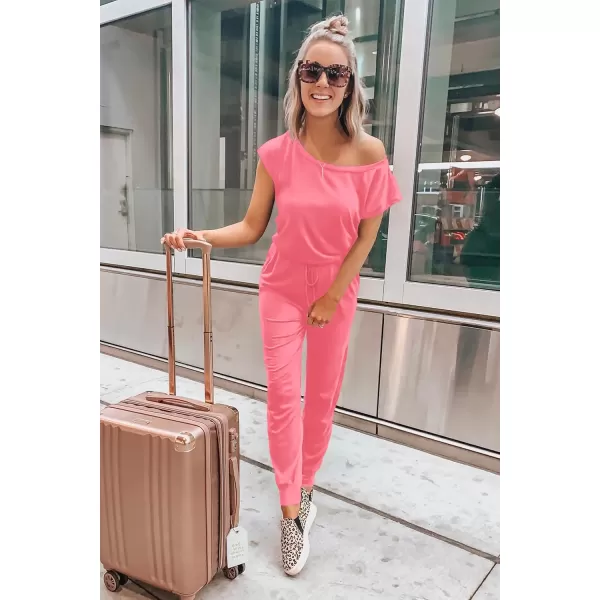 imagePRETTYGARDEN Womens Loose Solid Off Shoulder Elastic Waist Stretchy Long Romper JumpsuitLight Pink