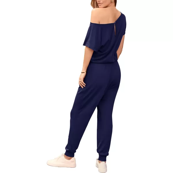 imagePRETTYGARDEN Womens Loose Solid Off Shoulder Elastic Waist Stretchy Long Romper JumpsuitNavy