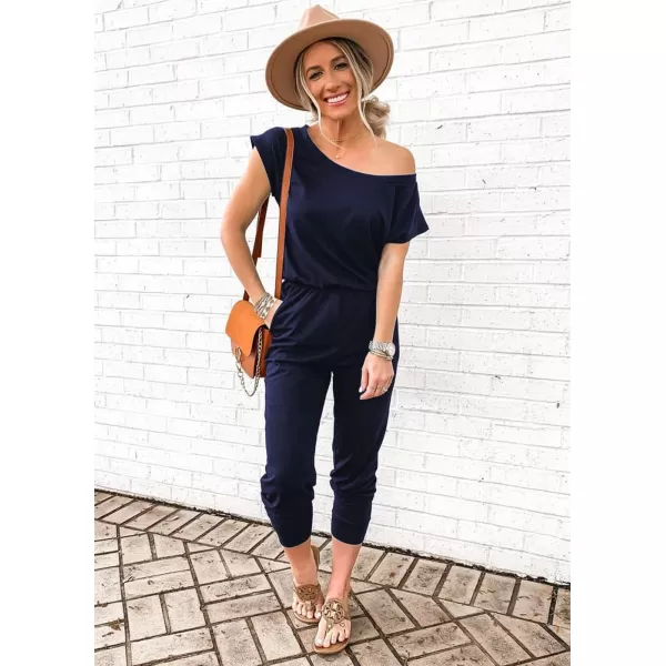imagePRETTYGARDEN Womens Loose Solid Off Shoulder Elastic Waist Stretchy Long Romper JumpsuitNavy