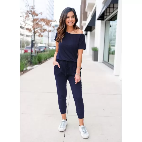 imagePRETTYGARDEN Womens Loose Solid Off Shoulder Elastic Waist Stretchy Long Romper JumpsuitNavy