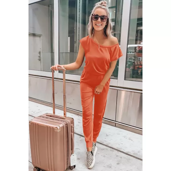 imagePRETTYGARDEN Womens Loose Solid Off Shoulder Elastic Waist Stretchy Long Romper JumpsuitOrange Red