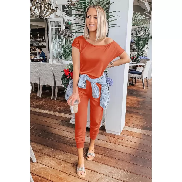 imagePRETTYGARDEN Womens Loose Solid Off Shoulder Elastic Waist Stretchy Long Romper JumpsuitOrange Red