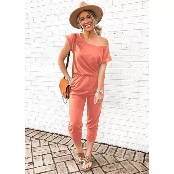 imagePRETTYGARDEN Womens Loose Solid Off Shoulder Elastic Waist Stretchy Long Romper JumpsuitPink
