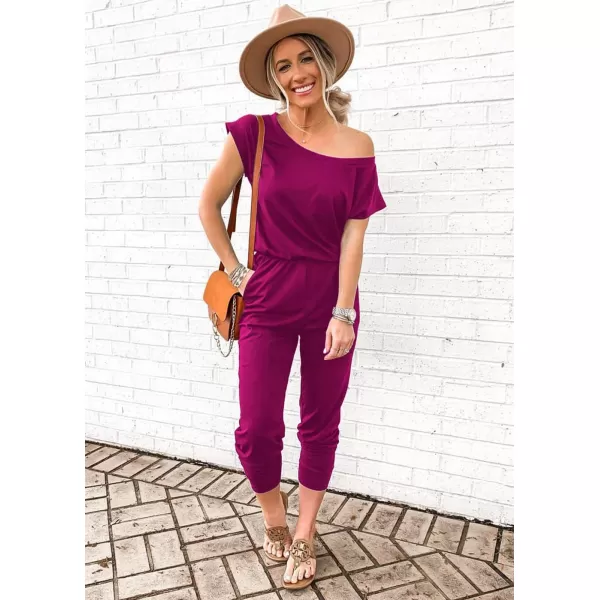 imagePRETTYGARDEN Womens Loose Solid Off Shoulder Elastic Waist Stretchy Long Romper JumpsuitPurple
