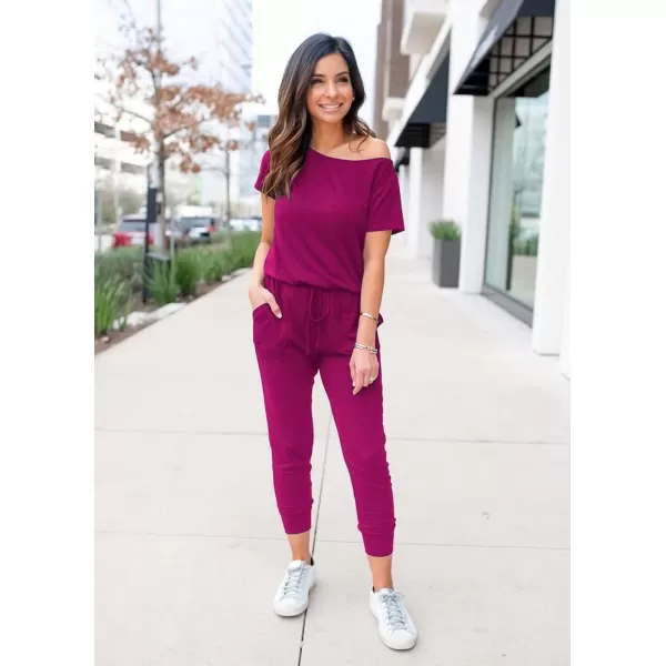imagePRETTYGARDEN Womens Loose Solid Off Shoulder Elastic Waist Stretchy Long Romper JumpsuitPurple
