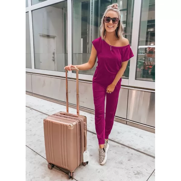 imagePRETTYGARDEN Womens Loose Solid Off Shoulder Elastic Waist Stretchy Long Romper JumpsuitPurple